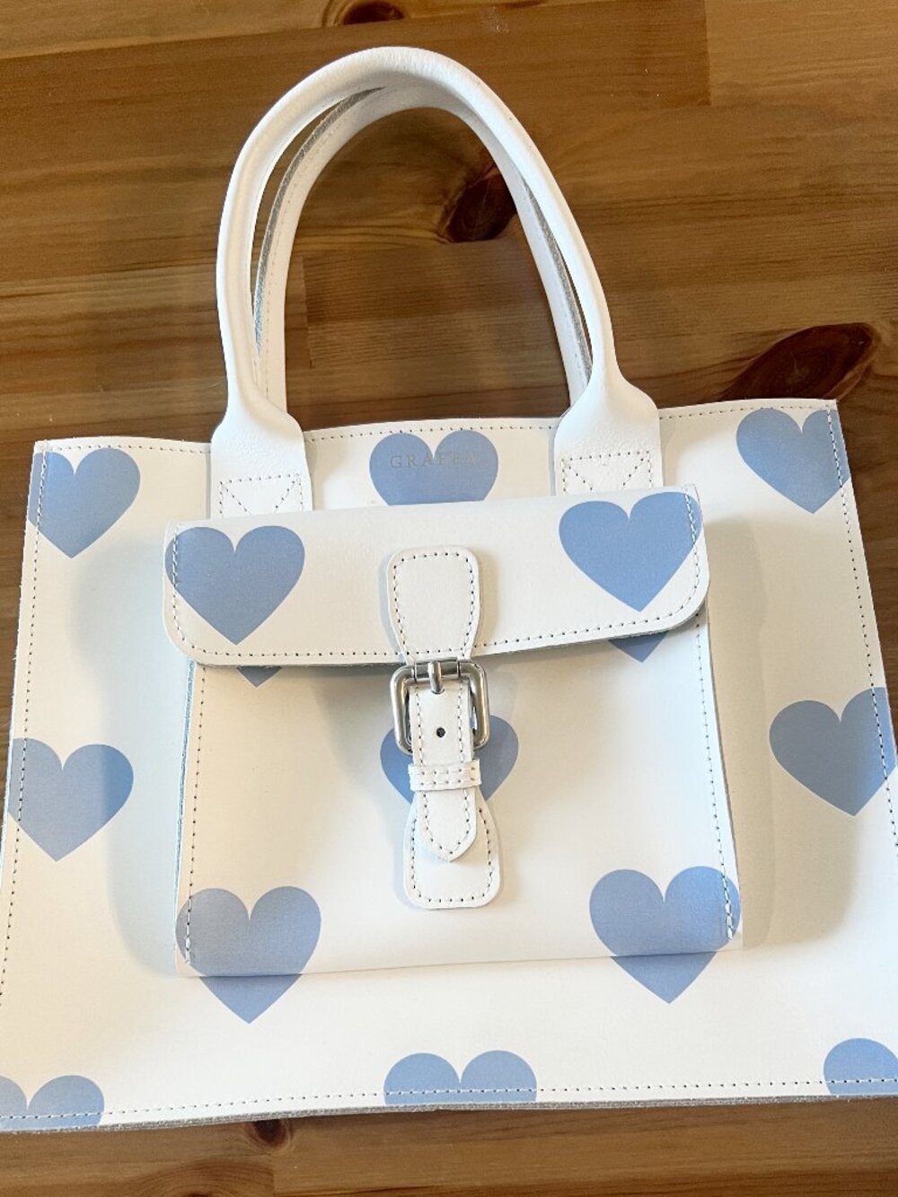 Grafea Lana Love Tote - White with Pastel Blue Hearts